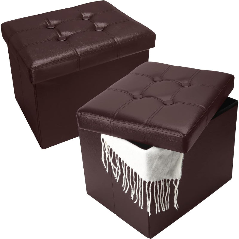 Brown Folding‑Leather Storage Ottoman, 2‑Pack