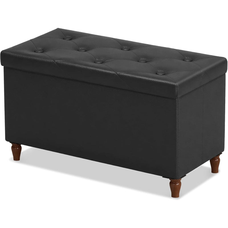 Black Folding‑Leg Storage Ottoman Bench