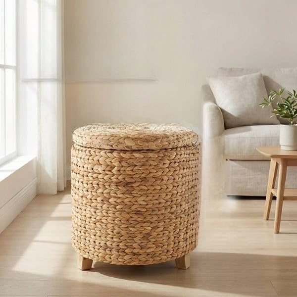 Lidded Hyacinth Round Storage Ottoman