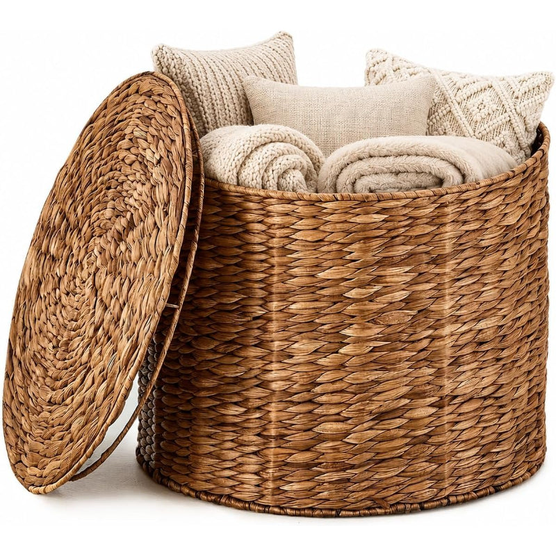 Round Water Hyacinth Storage Ottoman with Lid