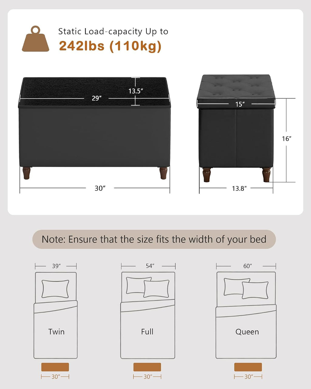 Black Folding‑Leg Storage Ottoman Bench