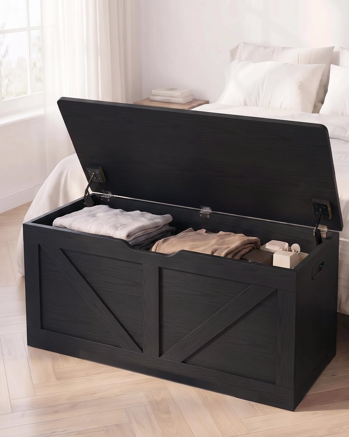 Black Wooden Storage Bench Chest