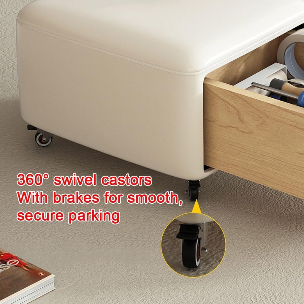 Beige Wheeled Upholstered Storage Ottoman Stool