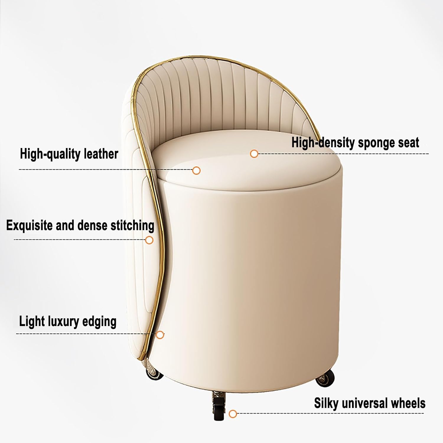 PU‑Leather Swivel Rolling Round Vanity Stool Ottoman