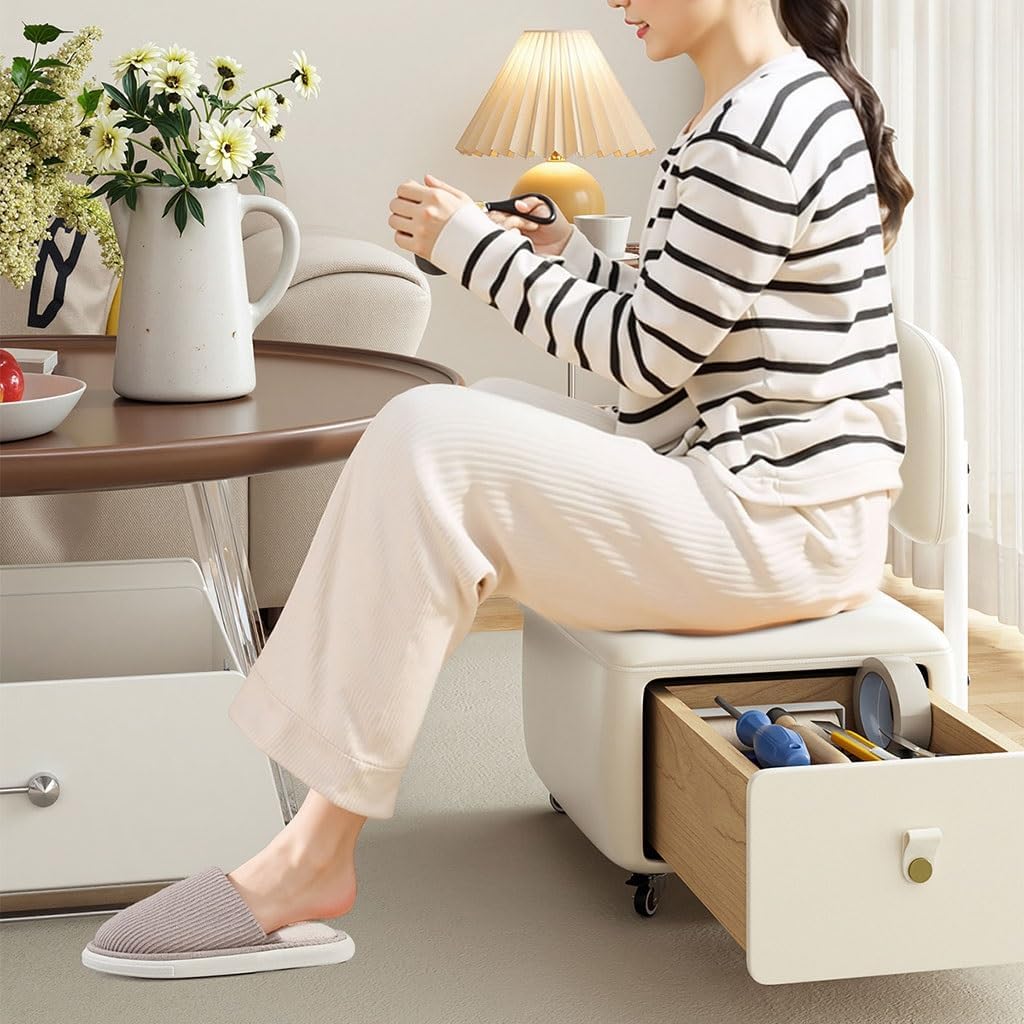 Beige Wheeled Upholstered Storage Ottoman Stool