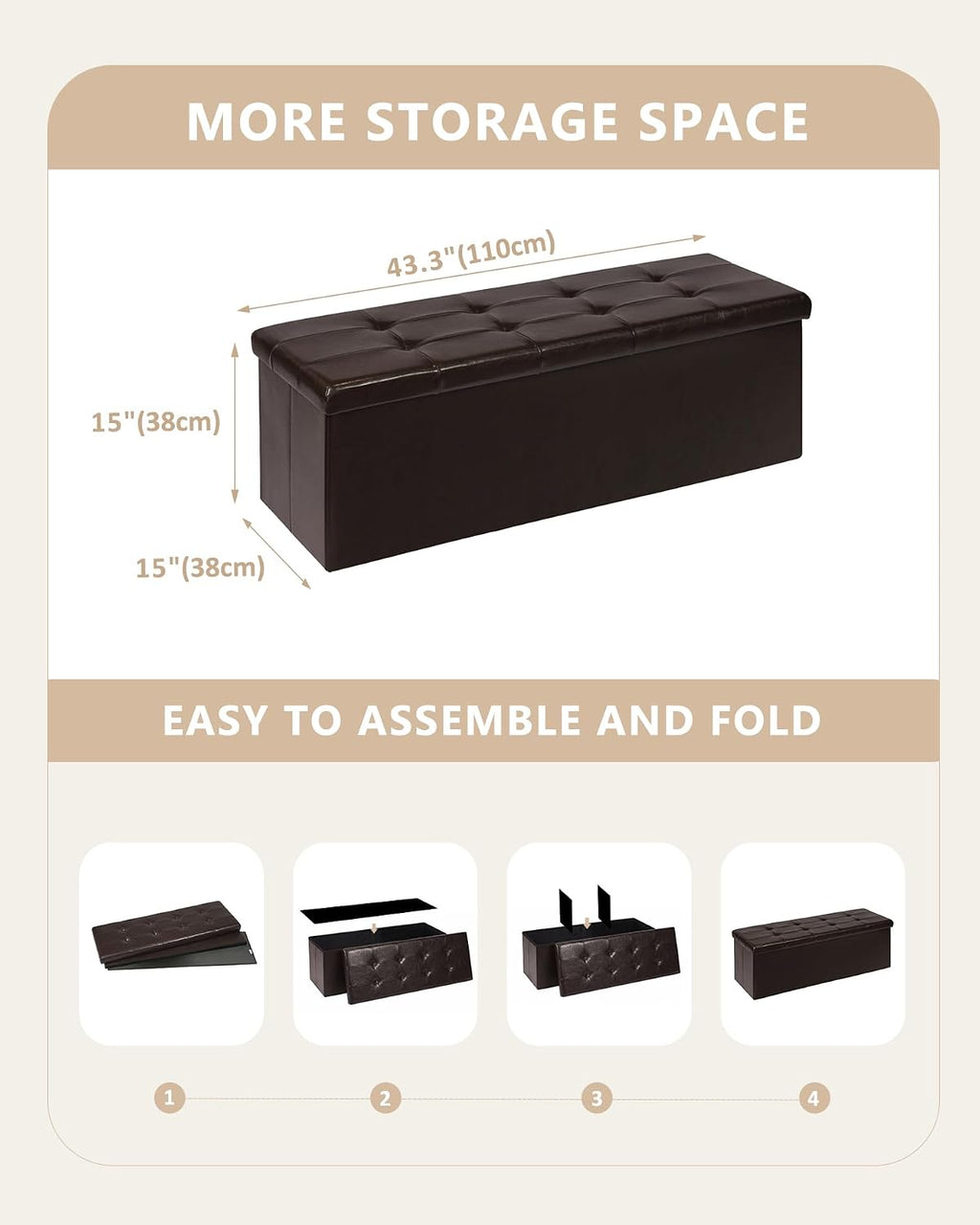Brown Faux‑Leather Folding Storage Ottoman Bench