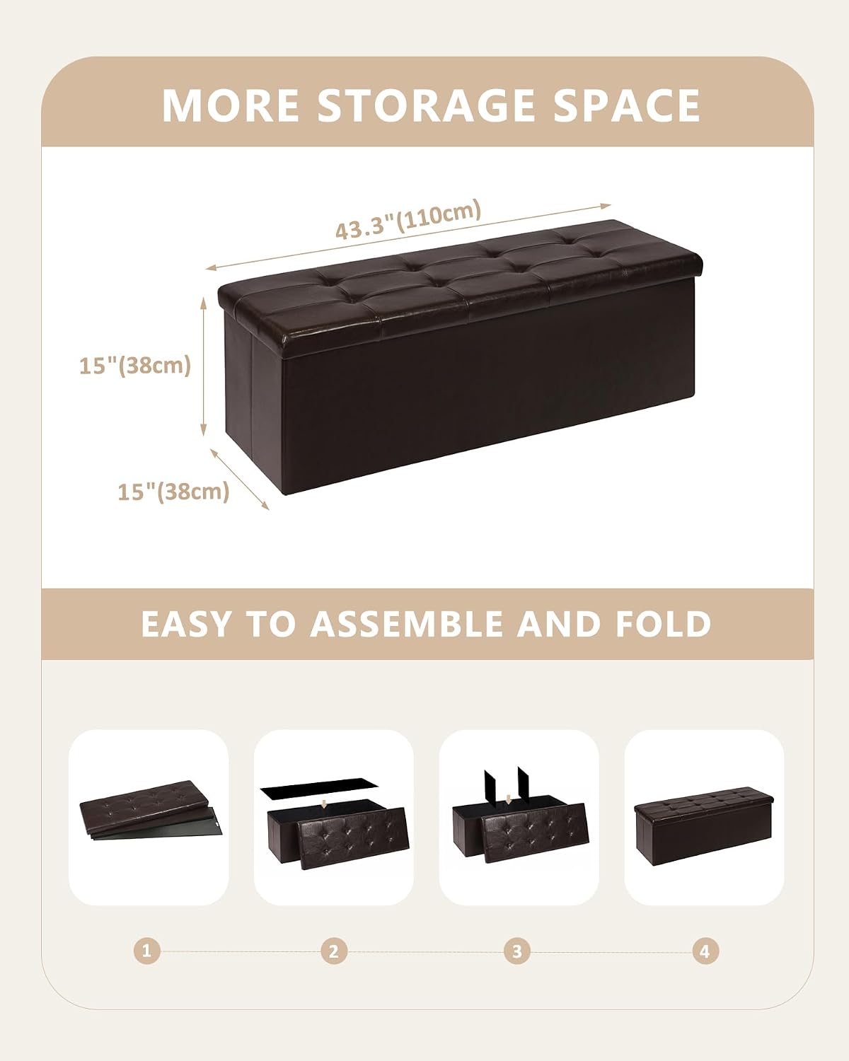 Brown Faux‑Leather Folding Storage Ottoman Bench