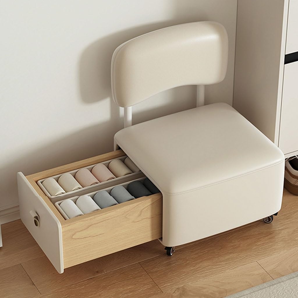 Beige Wheeled Upholstered Storage Ottoman Stool