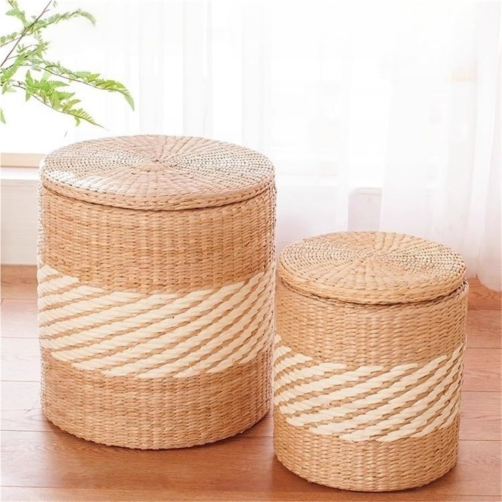 Farmhouse Round Rattan Storage Ottoman