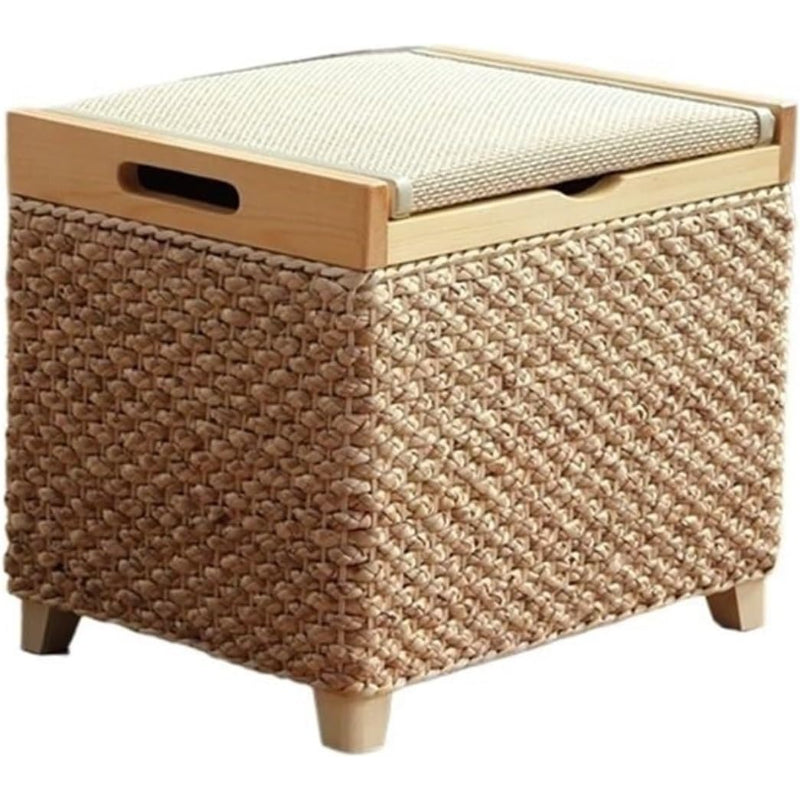 Boho Natural Rattan Storage Ottoman Wood Legs