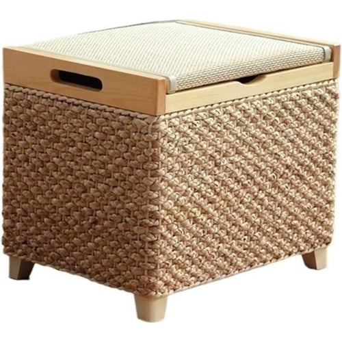 Boho Natural Rattan Storage Ottoman Wood Legs