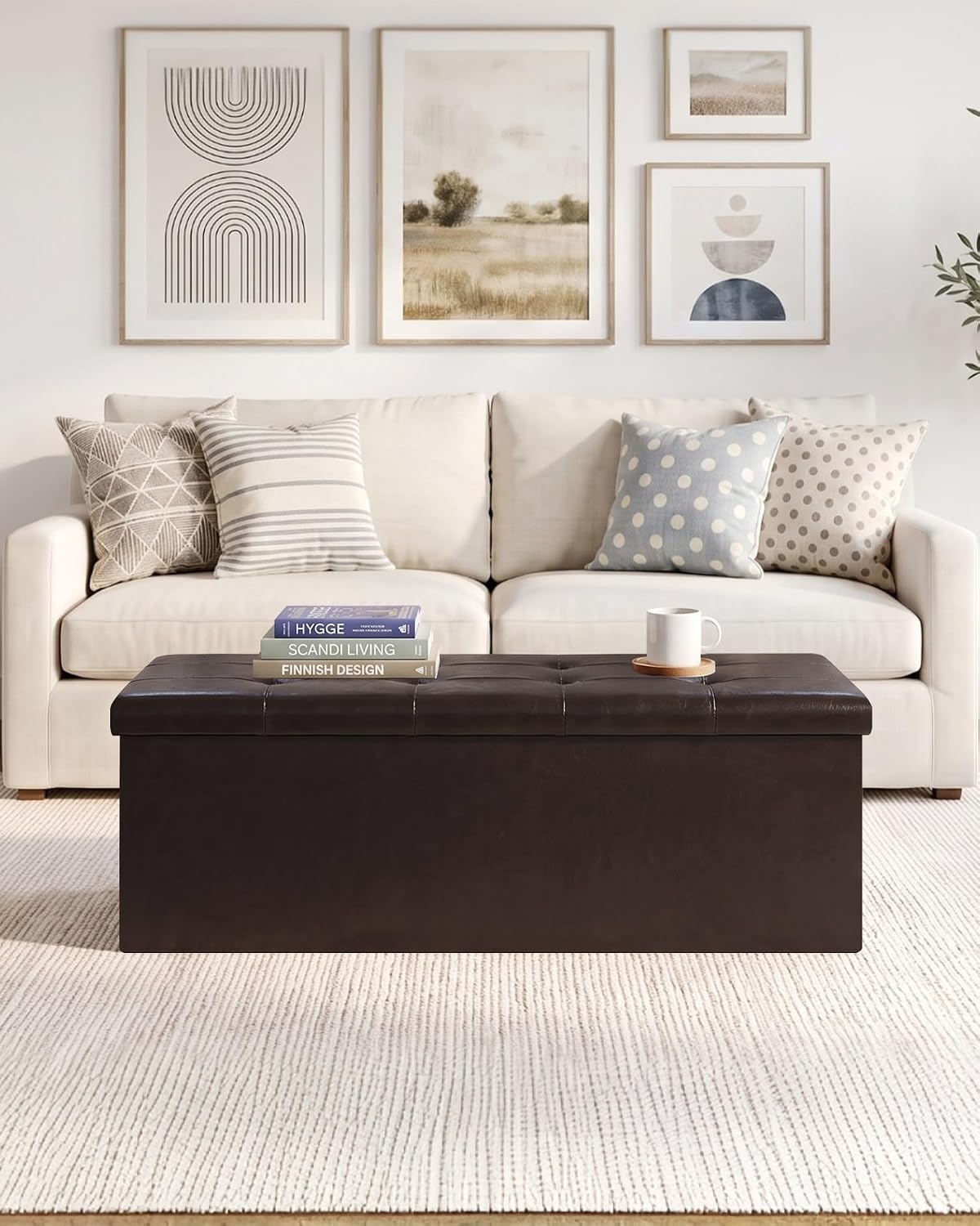 Brown Faux‑Leather Folding Storage Ottoman Bench