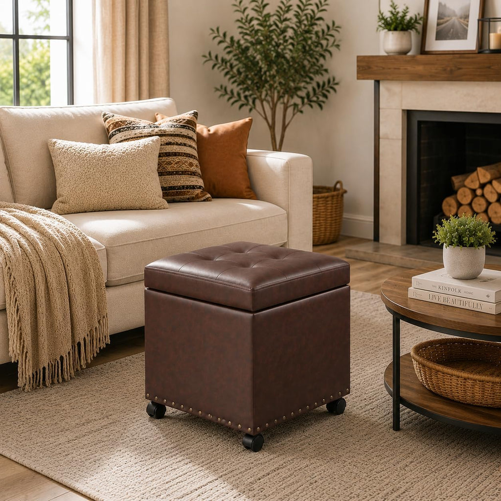 Square Wheeled Leather Storage Ottoman
