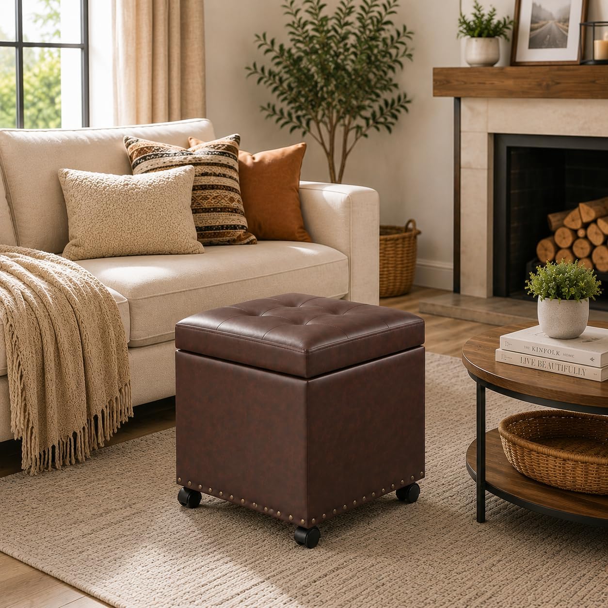 Square Wheeled Leather Storage Ottoman
