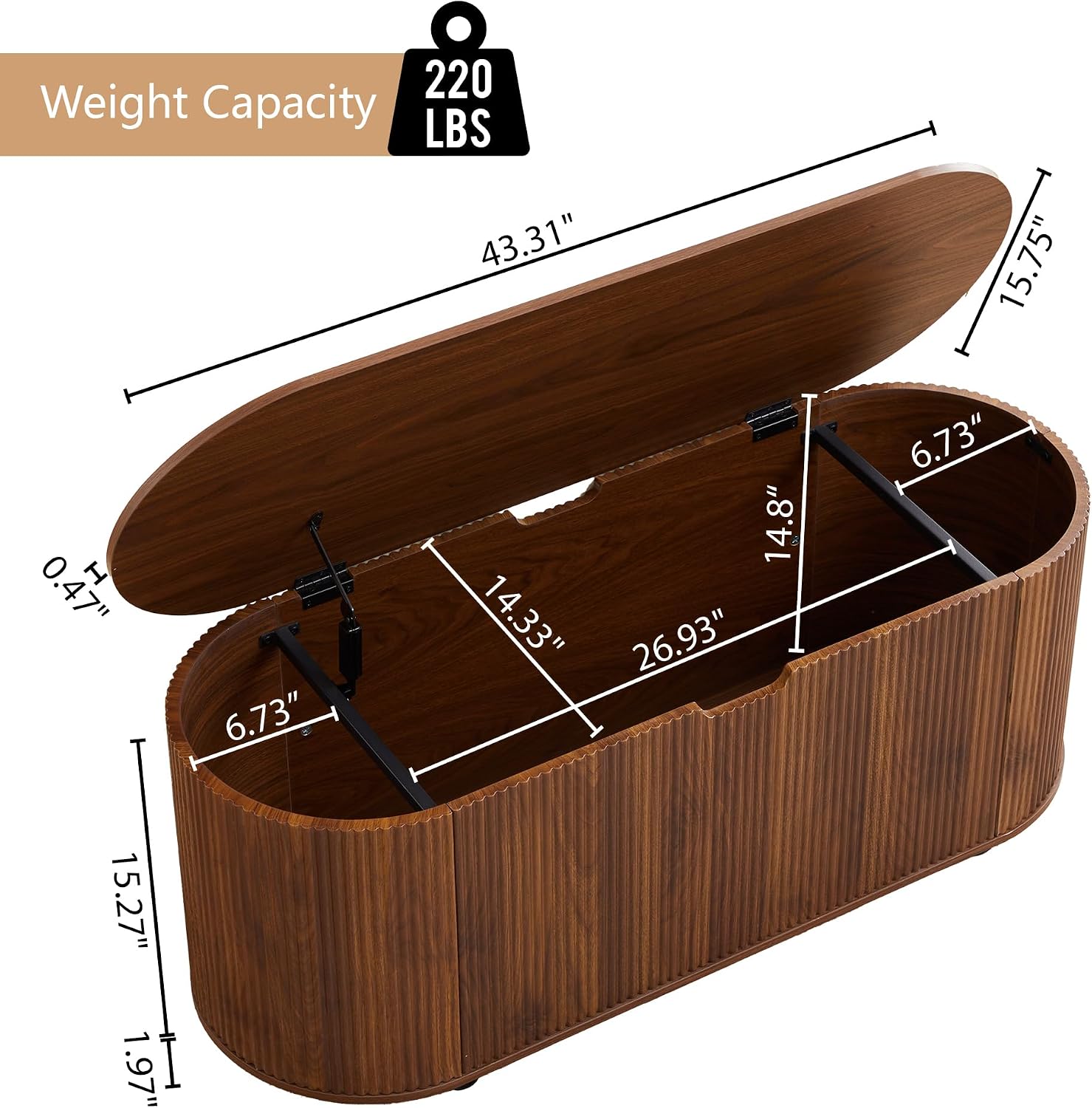 Walnut Wheeled Fluted Oval Storage Bench