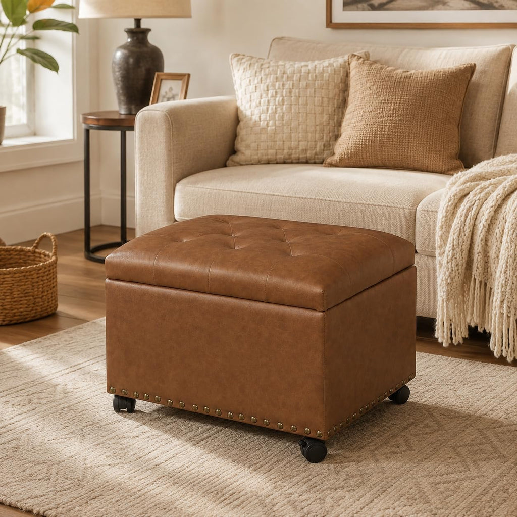 Small Wheeled Leather Storage Ottoman