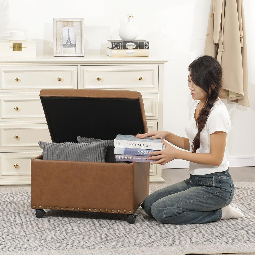 Small Wheeled Leather Storage Ottoman