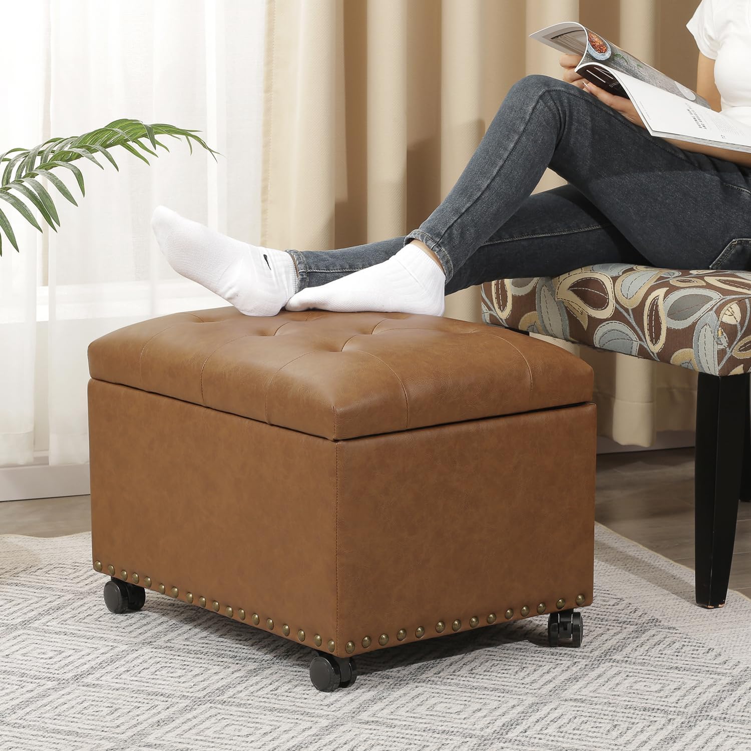 Small Wheeled Leather Storage Ottoman