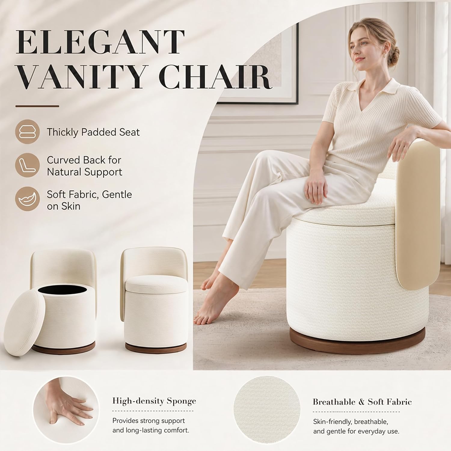 Ottoman with Storage, Round Vanity Stool with Back