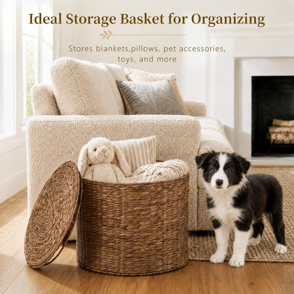 Round Water Hyacinth Storage Ottoman with Lid