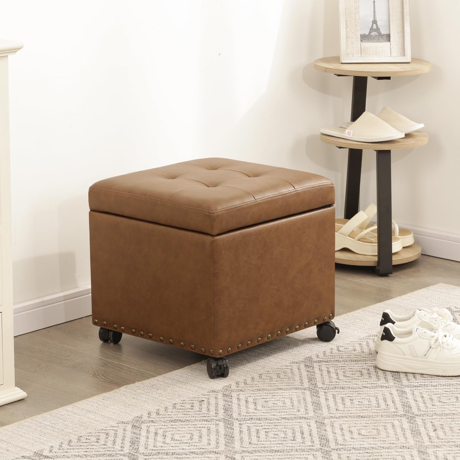 Brown Wheeled Square Storage Ottoman