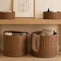 Round Water Hyacinth Storage Ottoman with Lid