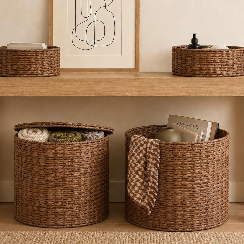 Round Water Hyacinth Storage Ottoman with Lid