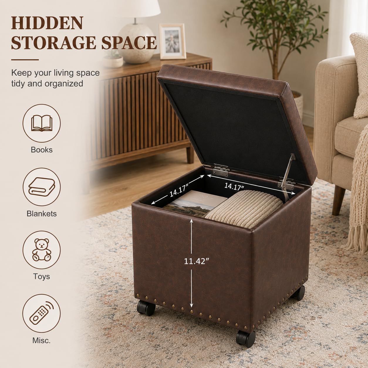 Square Wheeled Leather Storage Ottoman