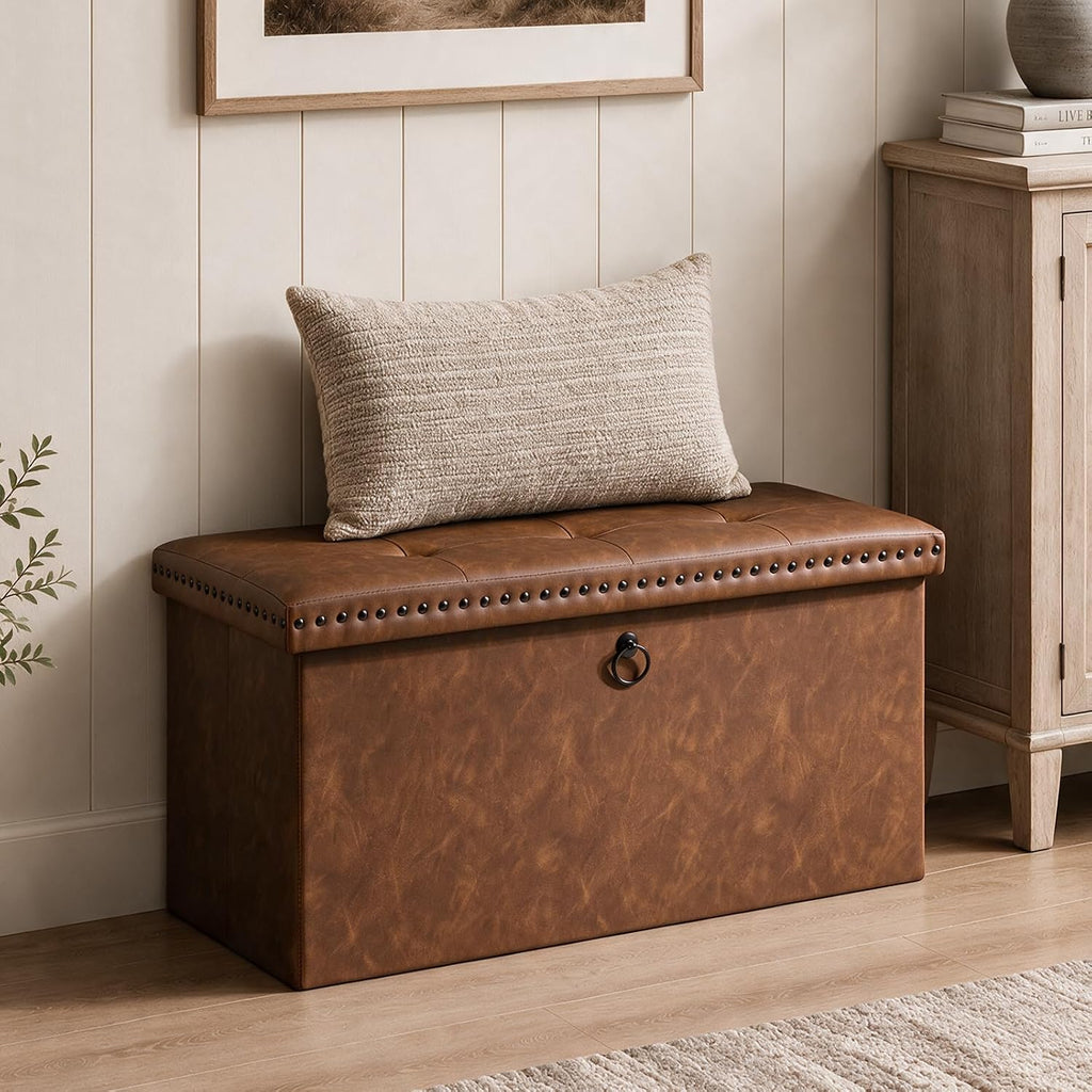 Brown Rivet‑Tufted PU‑Leather Storage Ottoman Bench