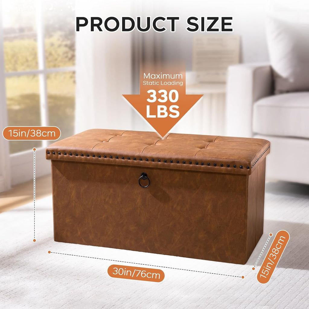 Brown Rivet‑Tufted PU‑Leather Storage Ottoman Bench