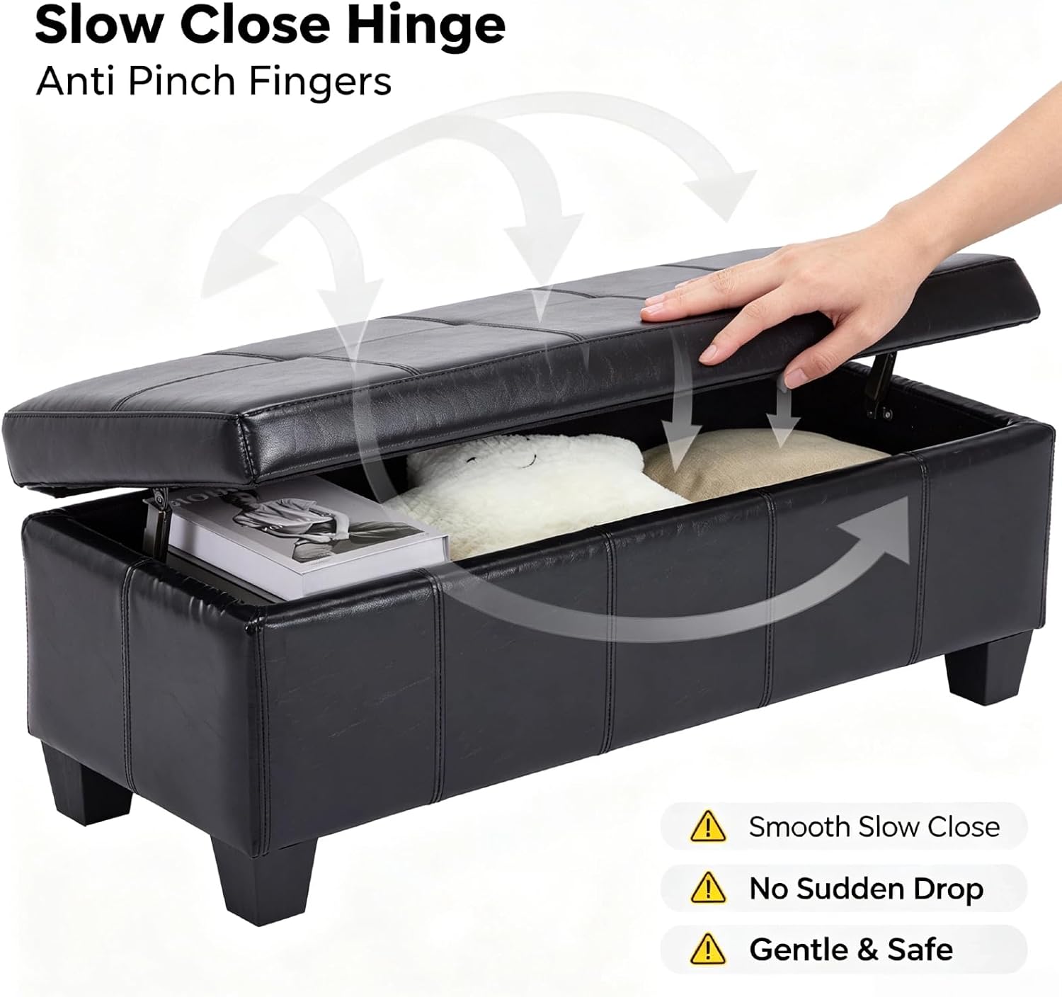 Leather Storage Ottoman Bench Slow‑Close Hinge