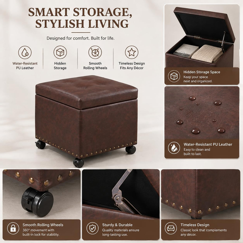 Square Wheeled Leather Storage Ottoman
