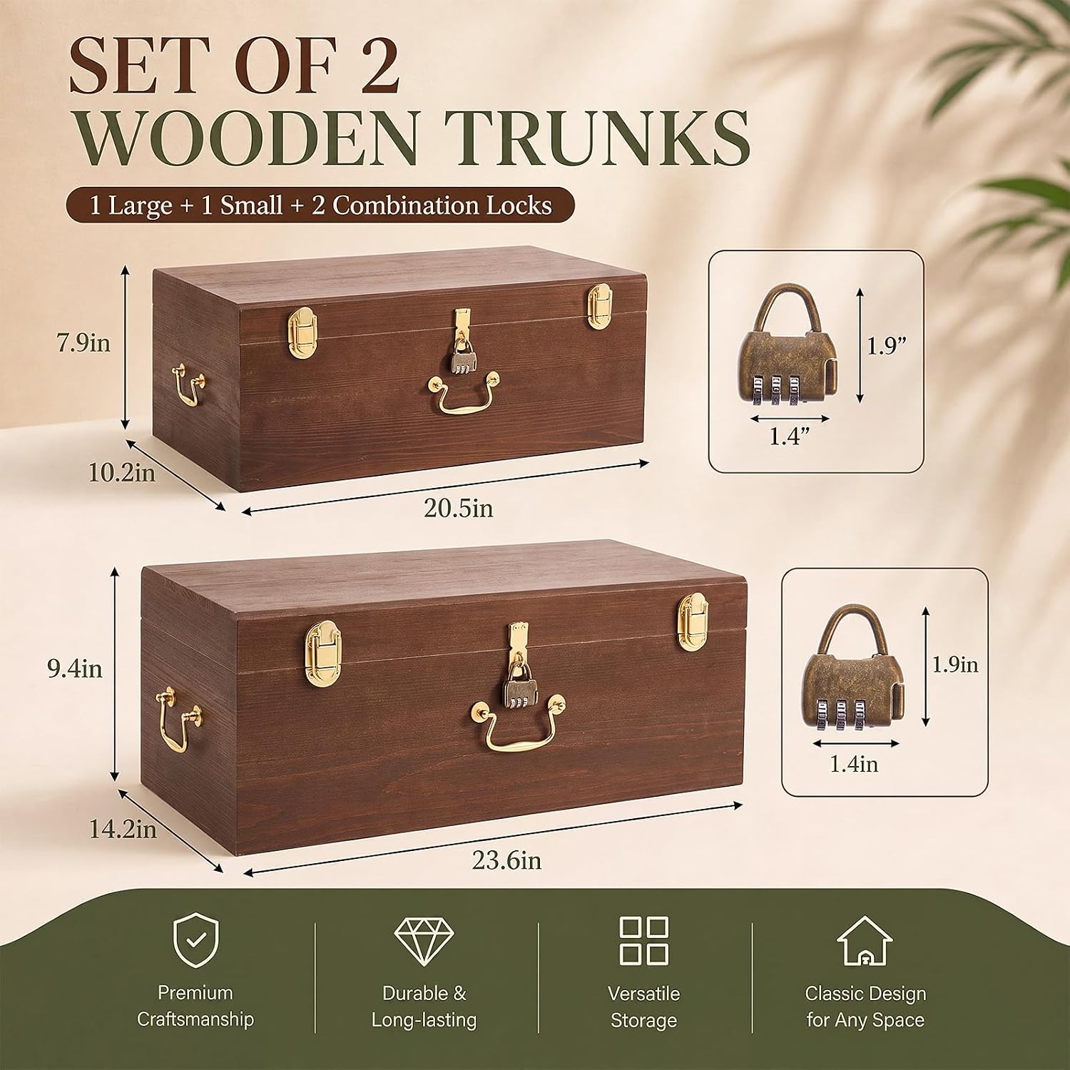 2‑Pack Lockable Wooden Storage Chests