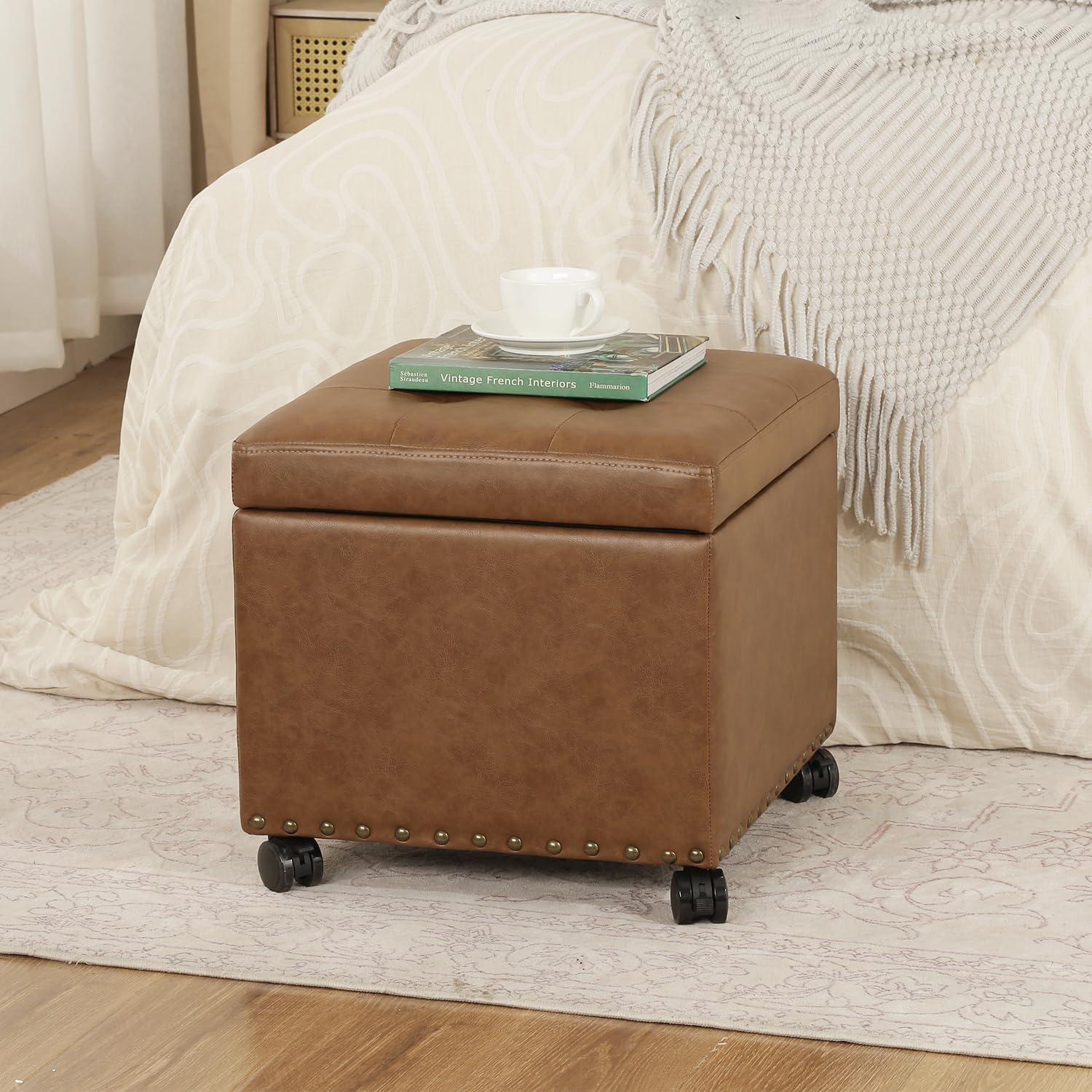 Brown Wheeled Square Storage Ottoman
