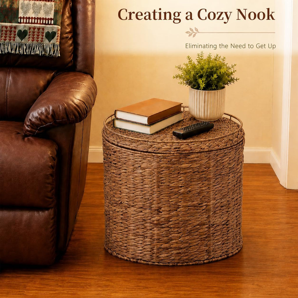 Round Water Hyacinth Storage Ottoman with Lid