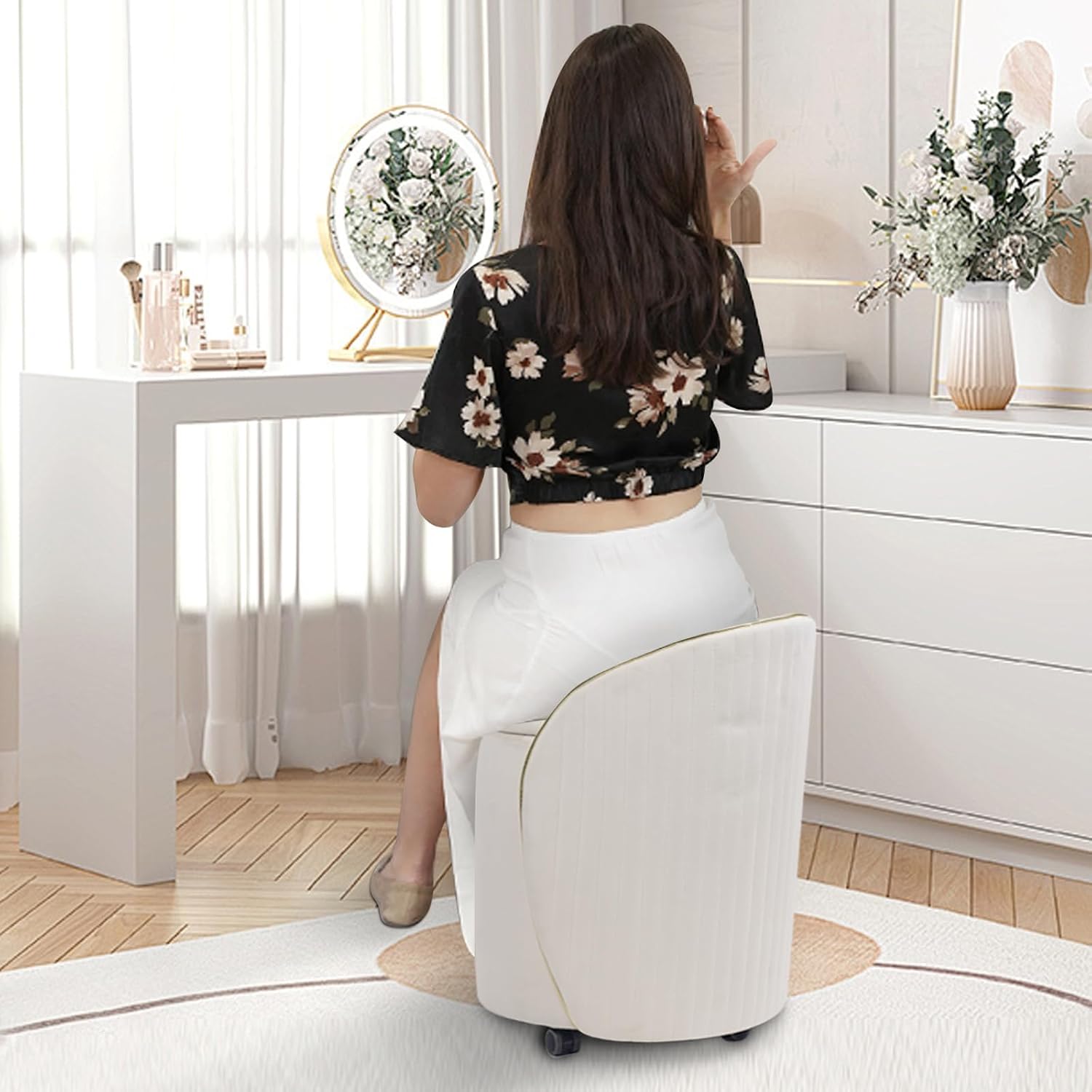 Beige Velvet Swivel Storage Ottoman Stool