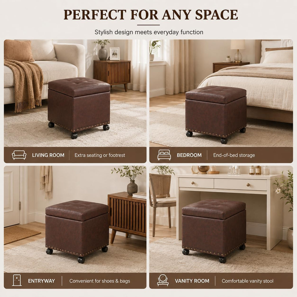 Square Wheeled Leather Storage Ottoman