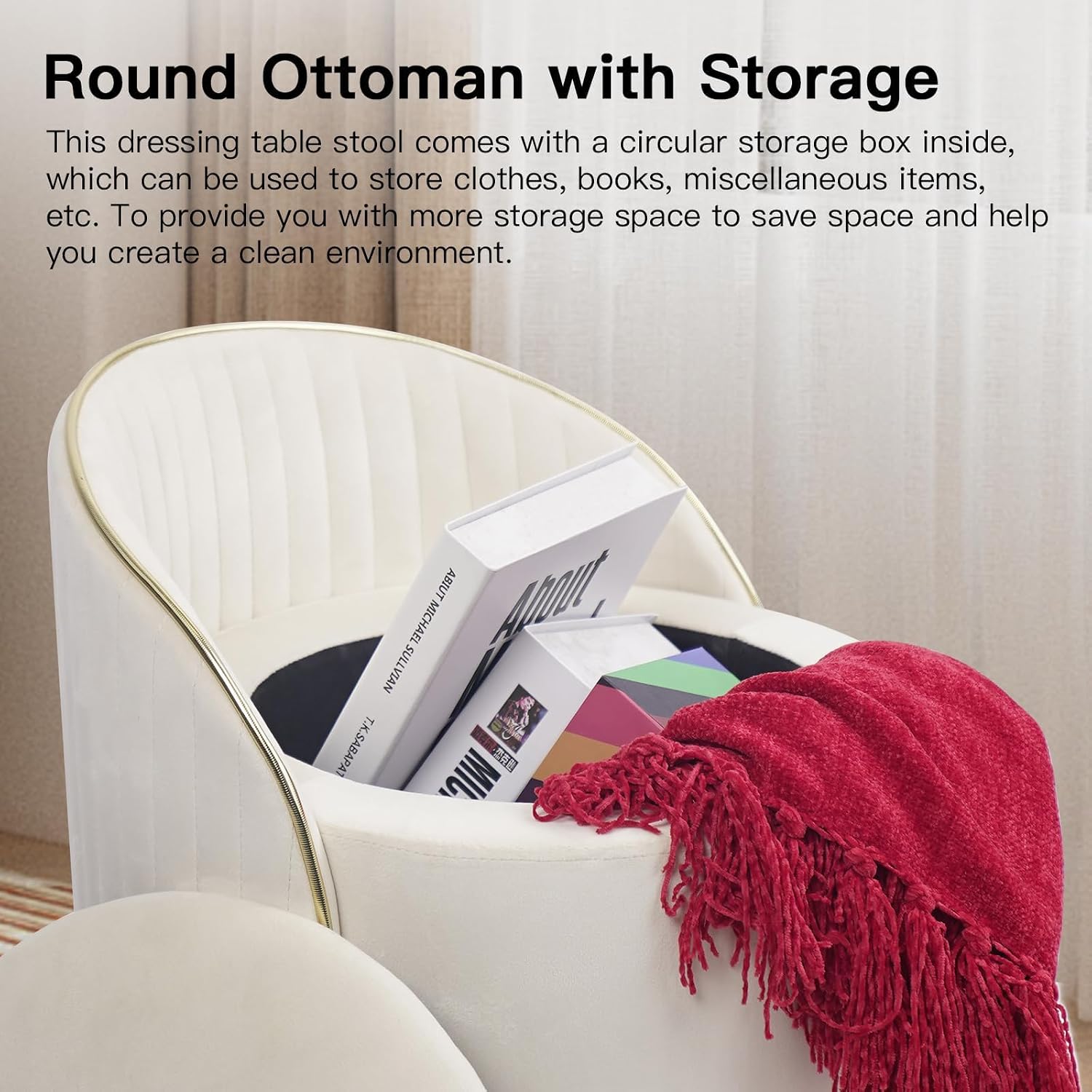 Beige Velvet Swivel Storage Ottoman Stool