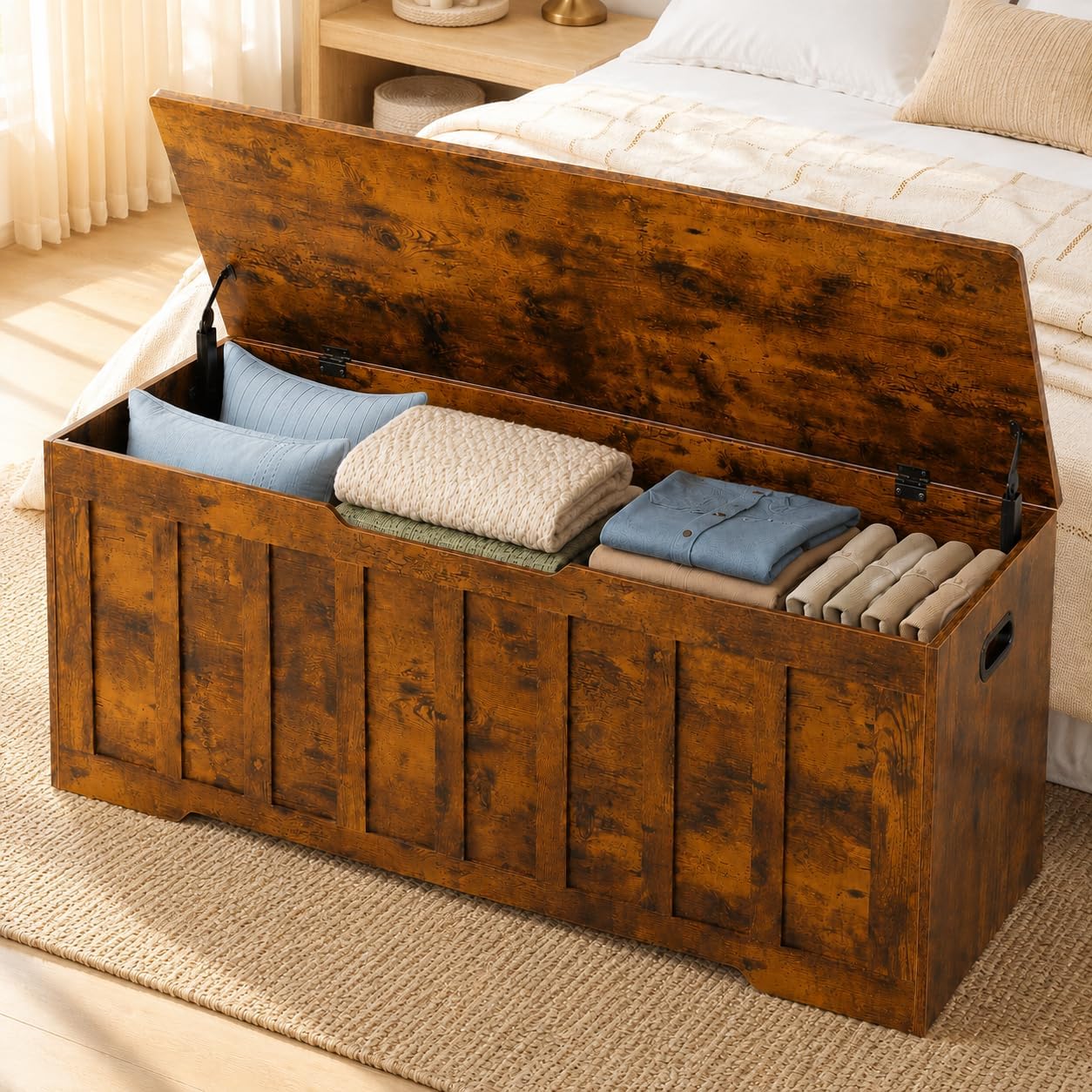Brown Large Safety‑Hinge Storage Bench Chest