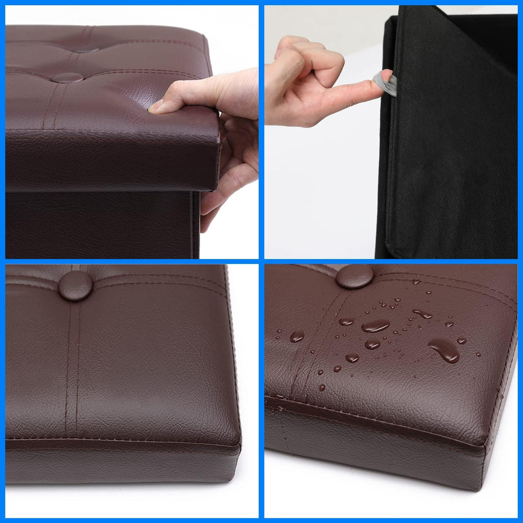 Brown Folding‑Leather Storage Ottoman, 2‑Pack