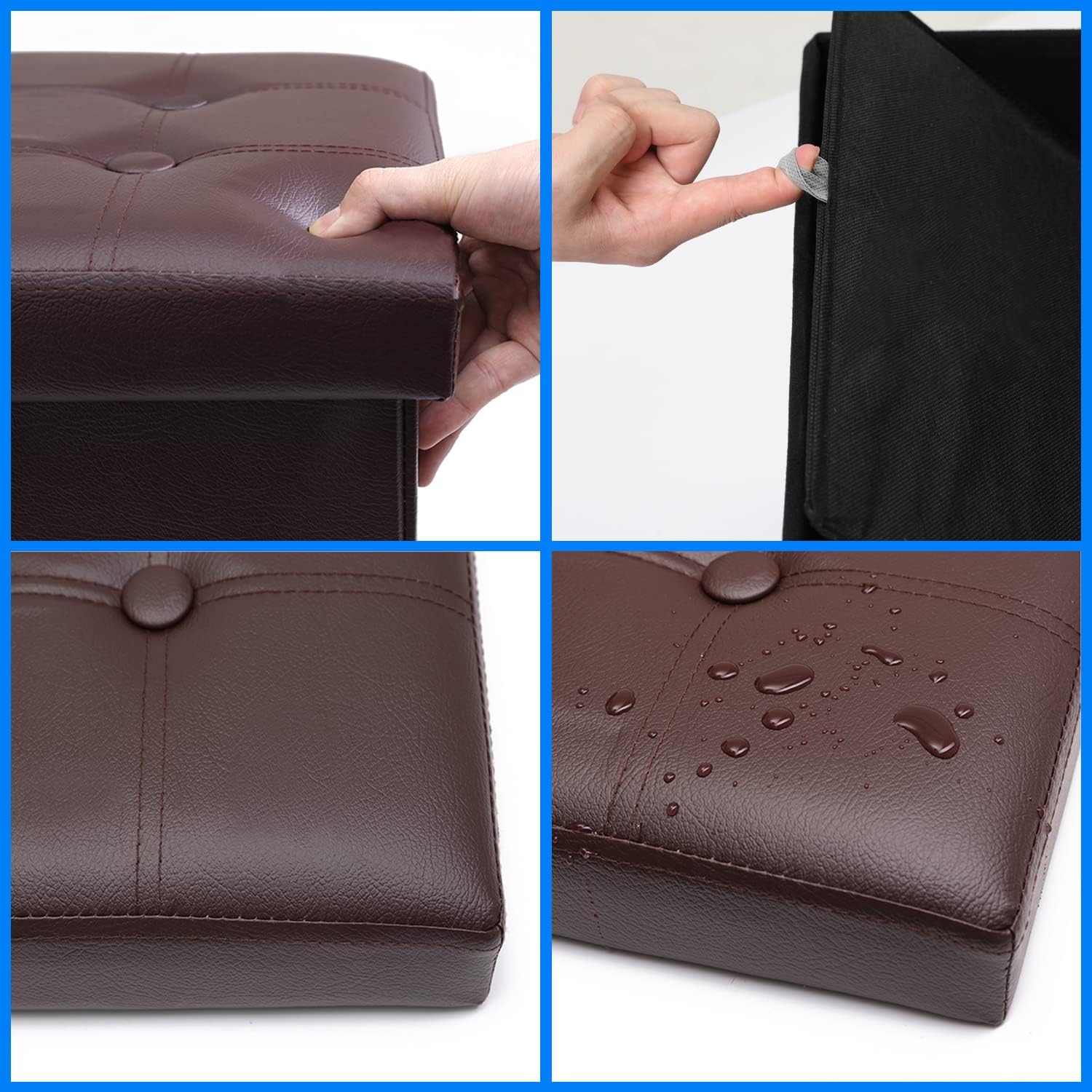 Brown Folding‑Leather Storage Ottoman, 2‑Pack