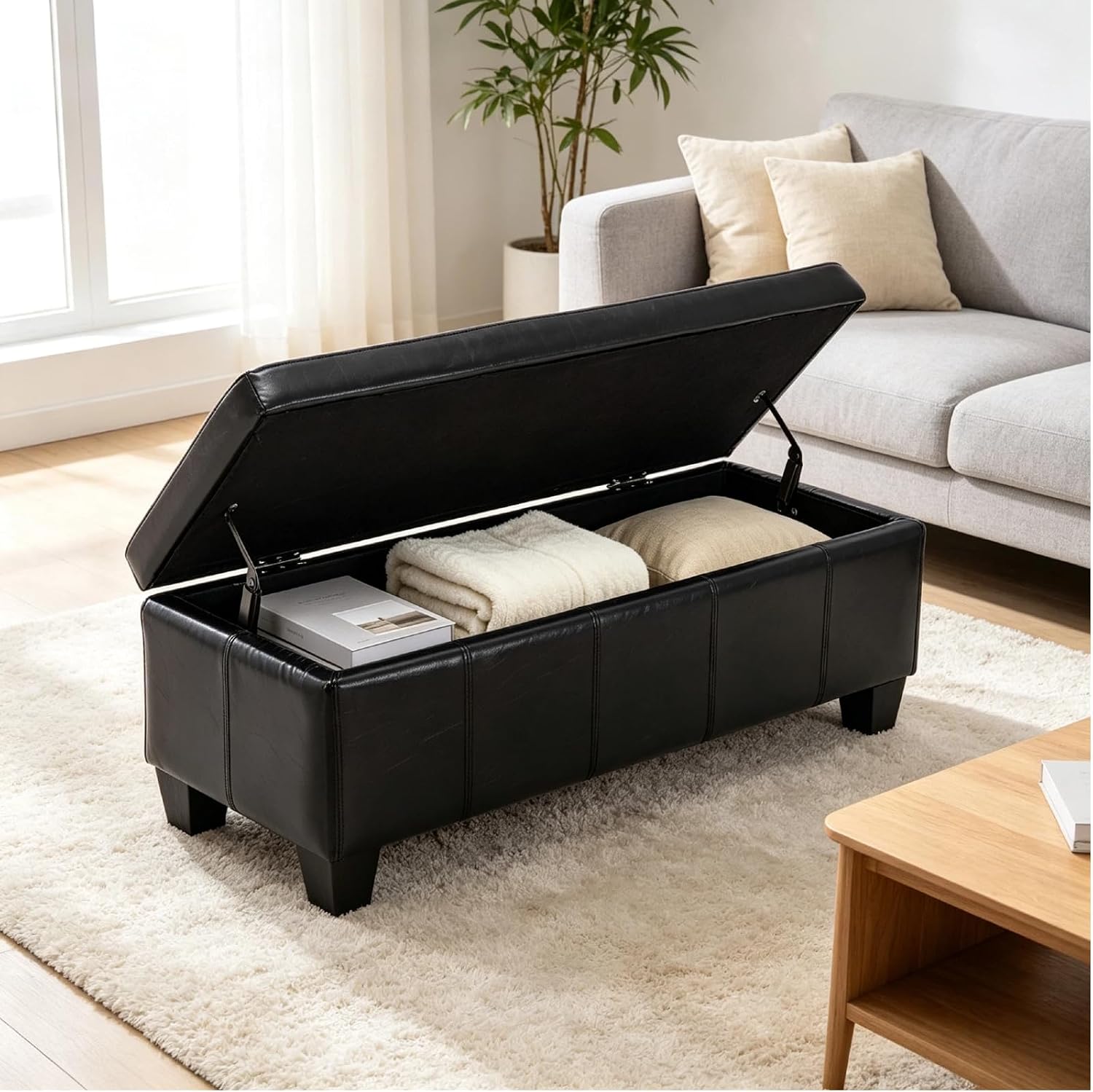 Leather Storage Ottoman Bench Slow‑Close Hinge