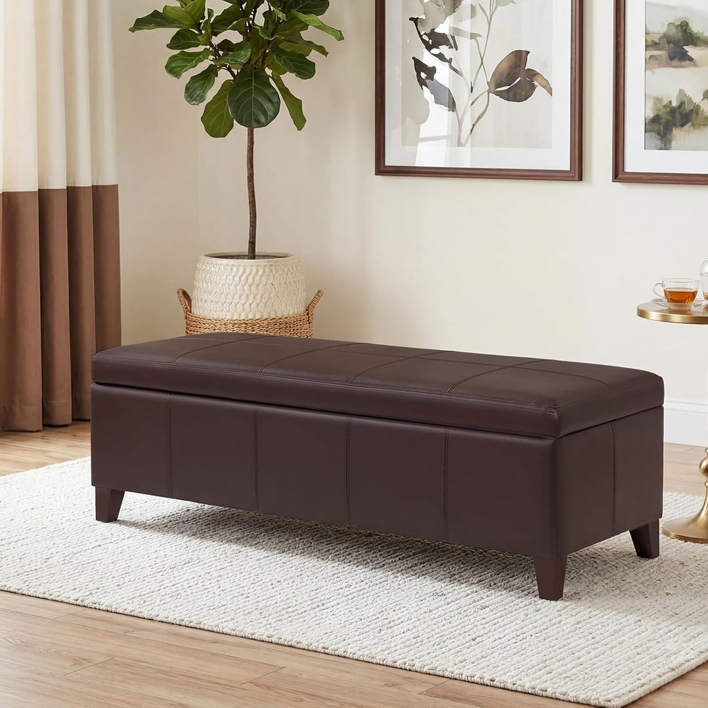 51" Coffee Brown Faux Leather Storage Ottoman