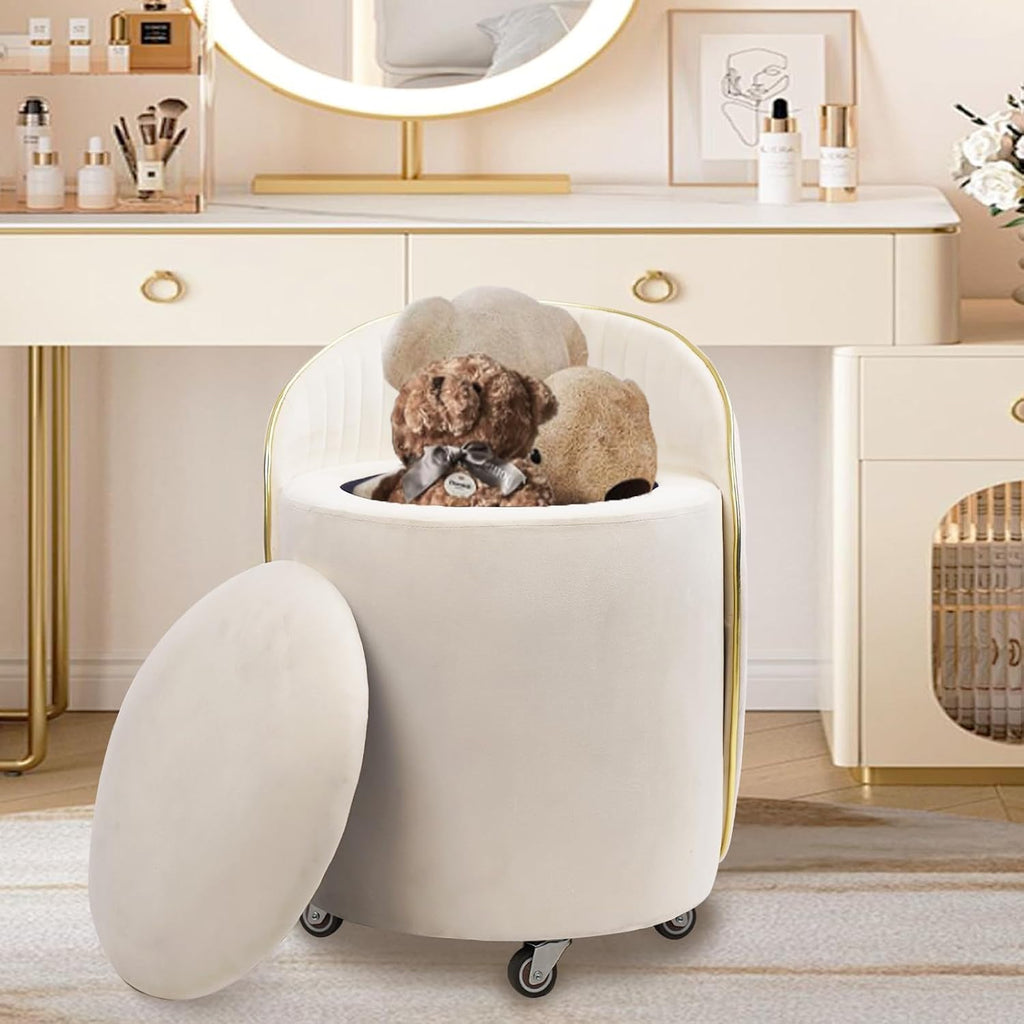 Beige Velvet Swivel Storage Ottoman Stool