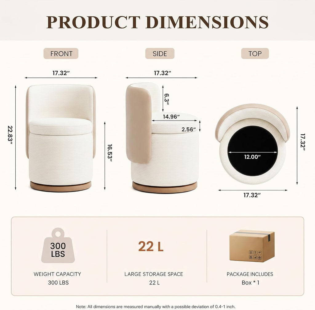 Ottoman with Storage, Round Vanity Stool with Back
