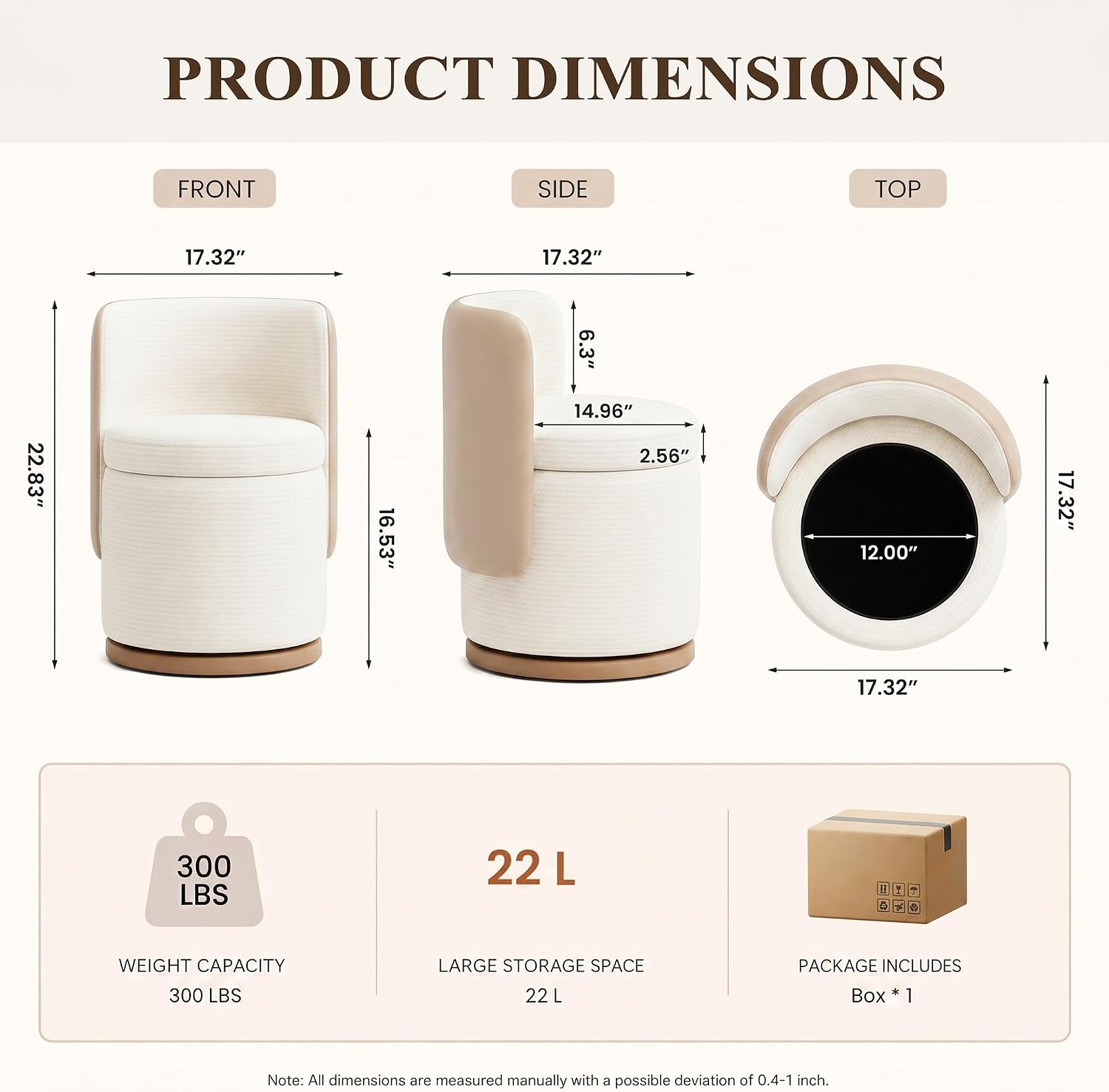 Ottoman with Storage, Round Vanity Stool with Back