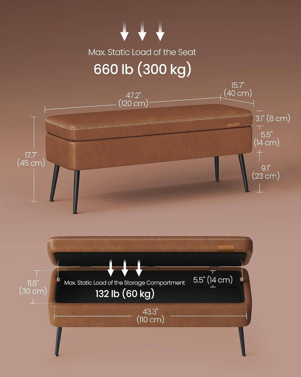Leather Storage Ottoman With Steel Legs