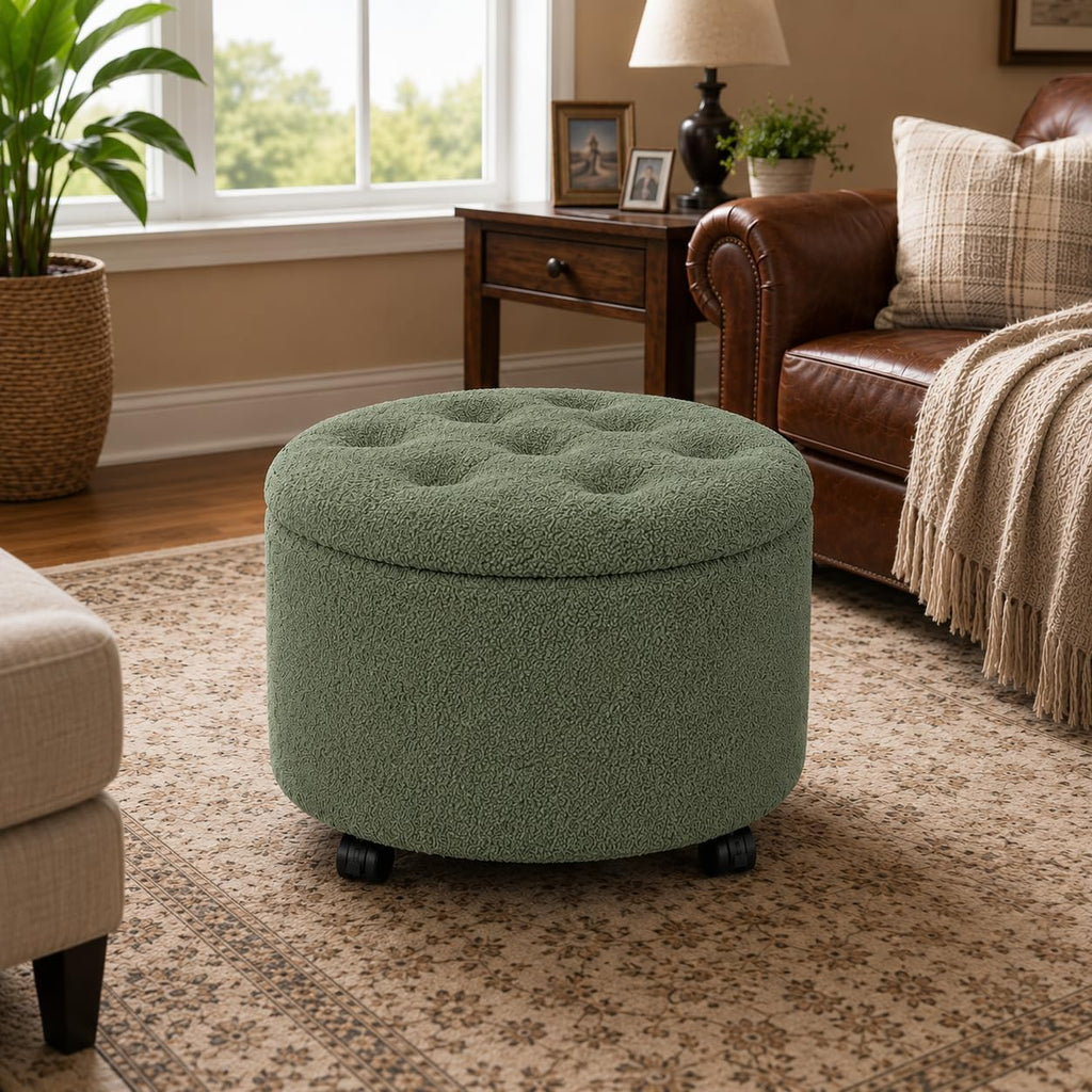 Velvet Wheeled Round Storage Ottoman