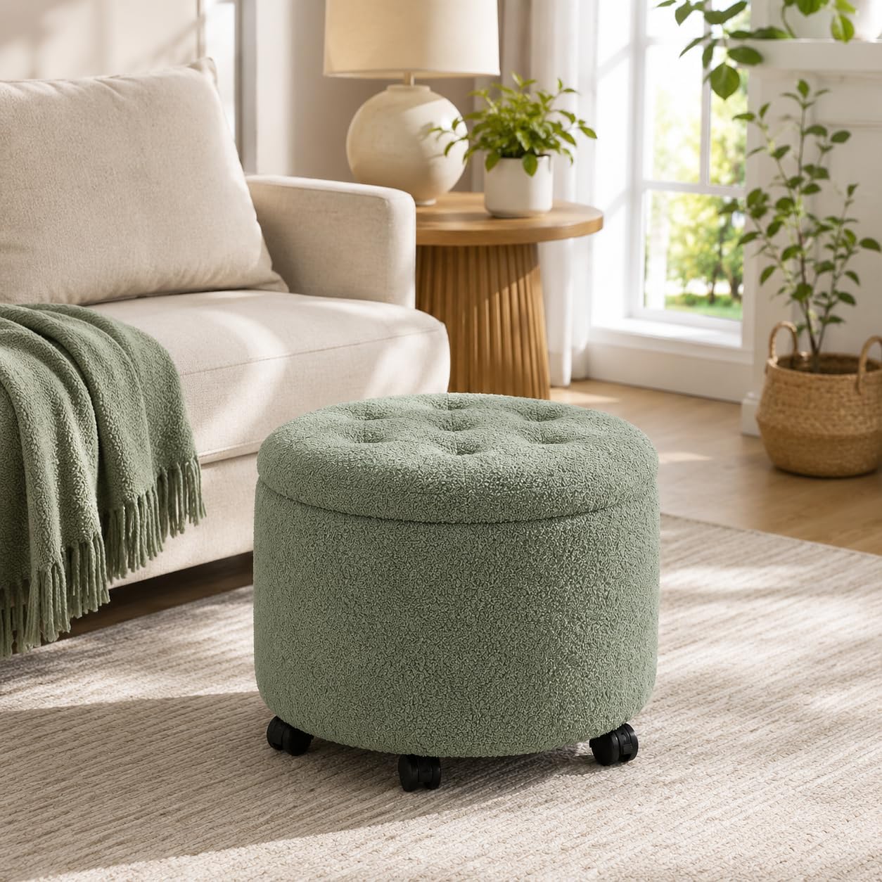 Velvet Wheeled Round Storage Ottoman