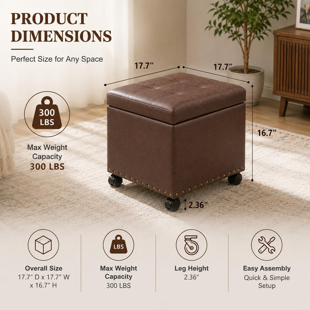 Square Wheeled Leather Storage Ottoman